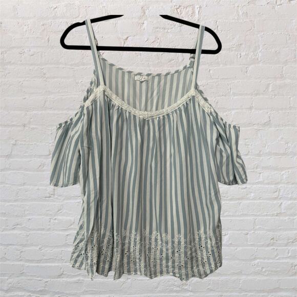 Maurices Blue White Embroidered Striped Crochet Trim Cold Shoulder V Neck Top 1X - Picture 1 of 11
